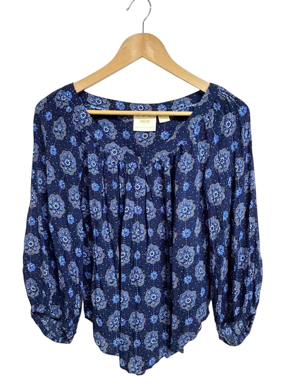 Anthropologie Maeve Navy Blue 3/4 Sleeve Peasant Floral Shirt Blouse US Size 2 - Picture 2 of 10